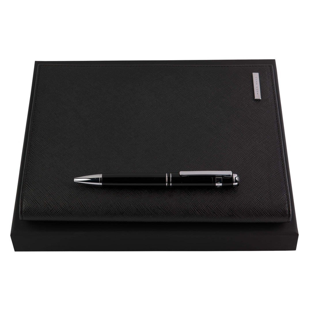 Hugo Boss Set Leder Ordner A5 und Kugelschreiber Messing Schwarz HLM008A + HSF0874A, Masse: 247 x 21