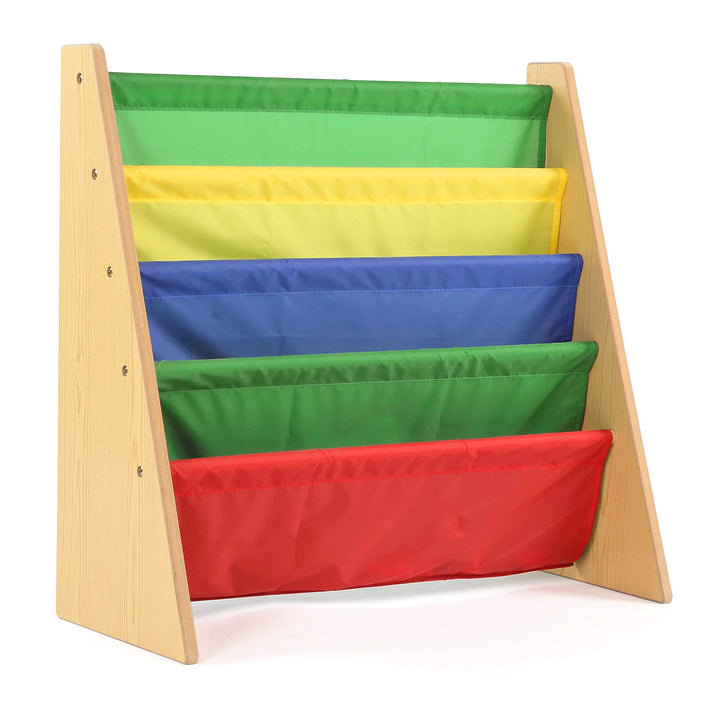 Humble Crew Kinder-Bücherregal aus Holz mit 4 Taschen, Natur- und Mehrfarbig Natural Wood/Primary, N
