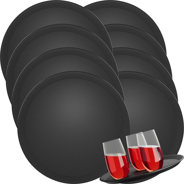 8X WELLGRO Kellnertablett Schwarz Ø 35 cm – Rutschfestes Serviertablett, Antirutsch, hoher Rand, Gas