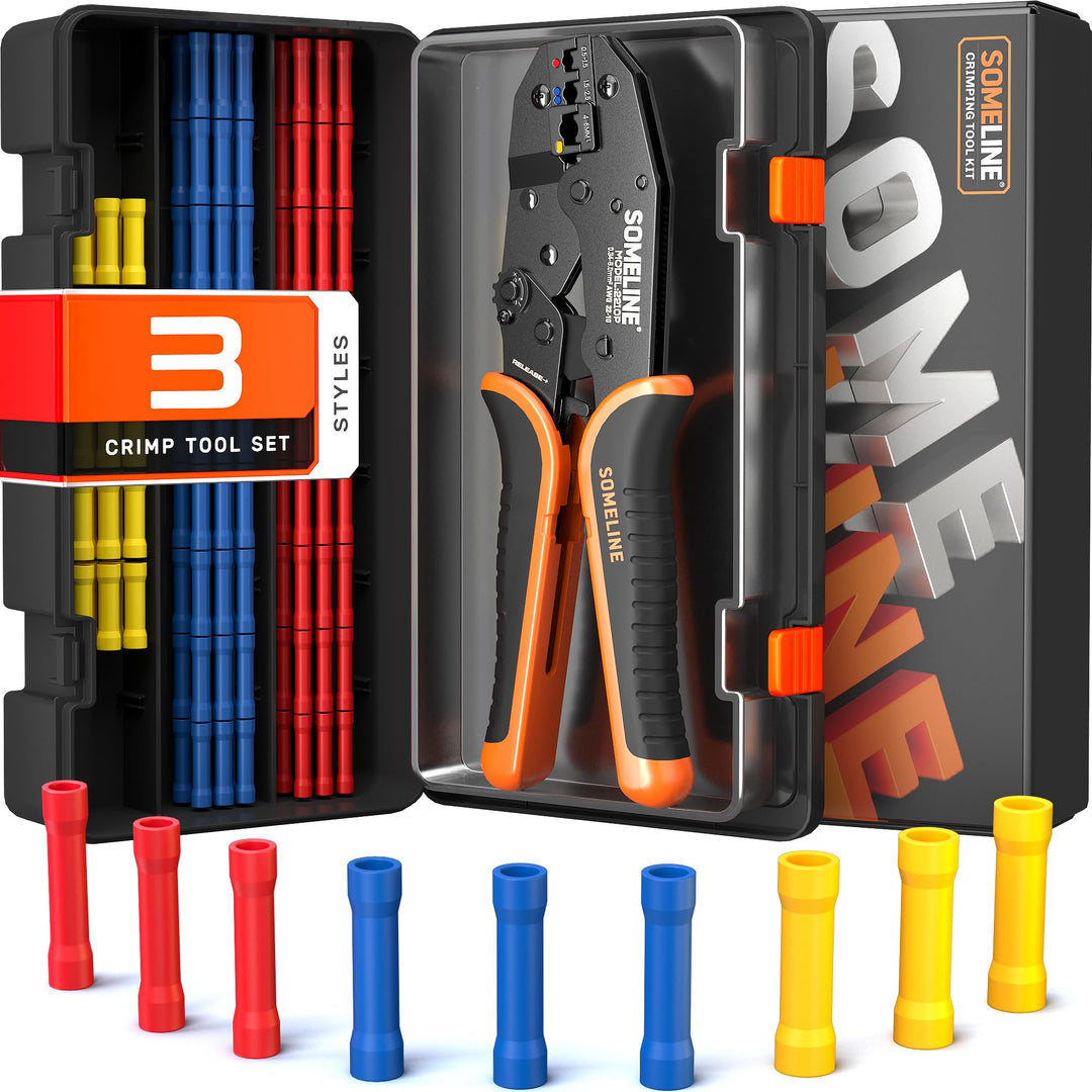 SOMELINE® Crimpzange Stossverbinder Set, 0,34-6mm² Kabelschuhzange, mit 3 Arten Isolierte Stossverbi