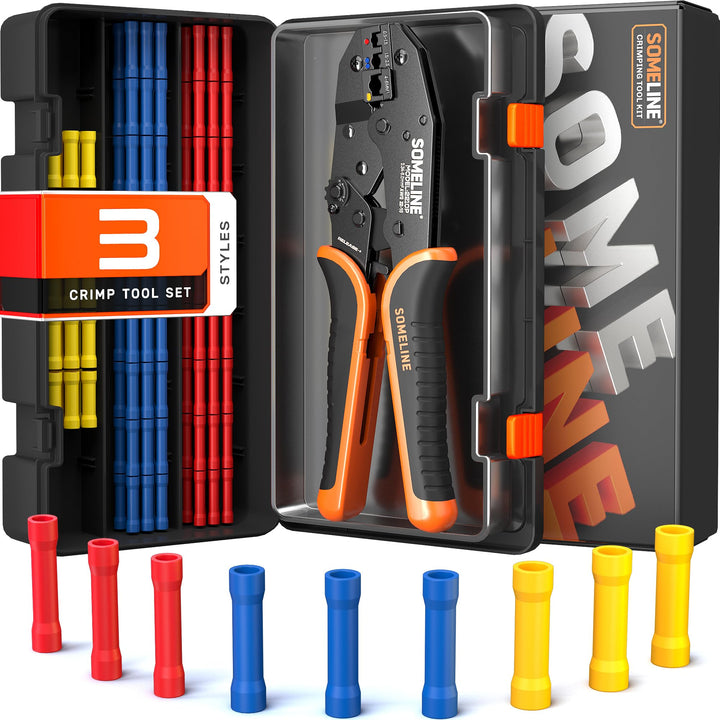 SOMELINE® Crimpzange Stossverbinder Set, 0,34-6mm² Kabelschuhzange, mit 3 Arten Isolierte Stossverbi