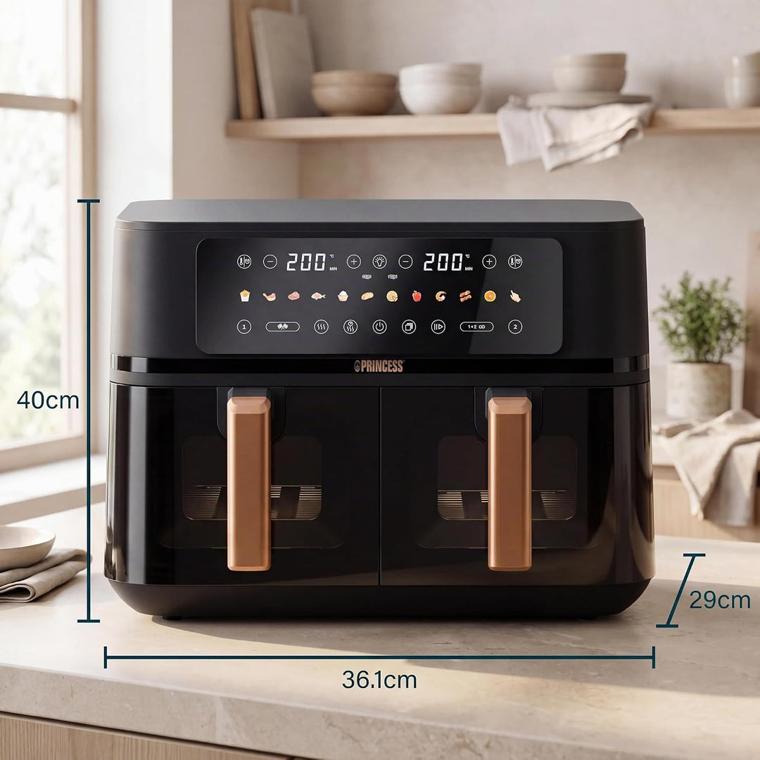 Princess Doppel-Heissluftfritteuse 9L 3100W – Zwei Garzonen mit Sync-Finish-Funktion, grosse Kapazit
