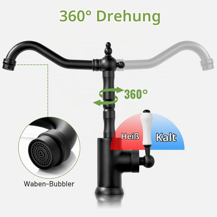 Wasserhahn Bad Schwarz Retro, Waschtischarmatur Hoch für Bad/Küche Waschbecken Armaturen, Einhebelmi