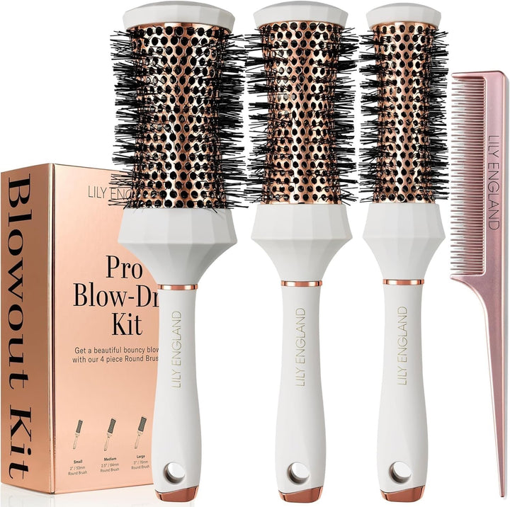 Lily England Runde Haarbürste Set, 4 Stück Professional Blow Dry Kit mit 3 runden Bürsten und Kamm f