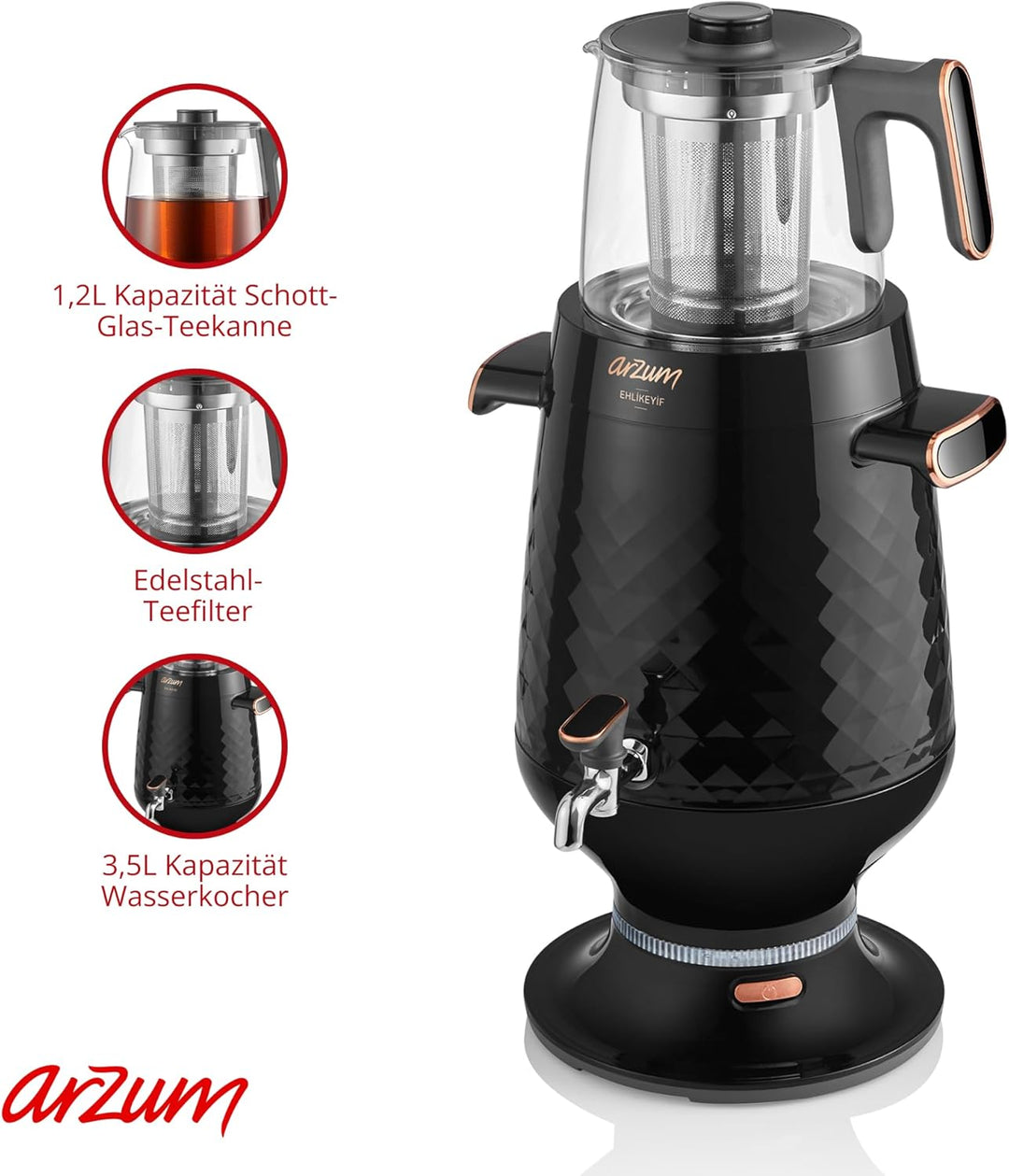 Arzum Ehlikeyf Tea Samovar, TEE MASCHINE, türkische Teekanne 2200 W, Wasserkocher mit 3,5 Liter Fass