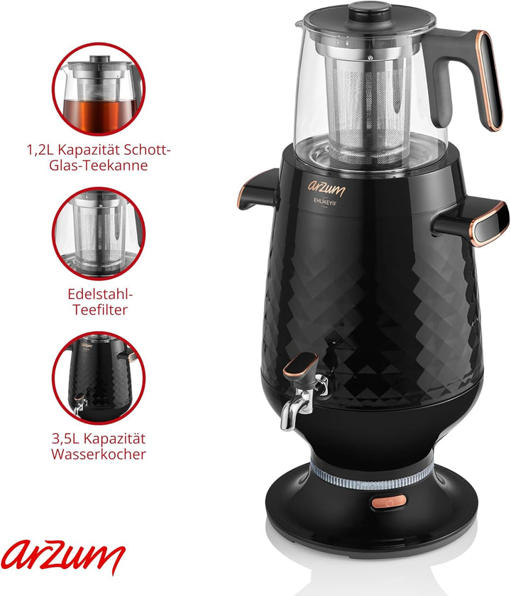 Arzum Ehlikeyf Tea Samovar, TEE MASCHINE, türkische Teekanne 2200 W, Wasserkocher mit 3,5 Liter Fass