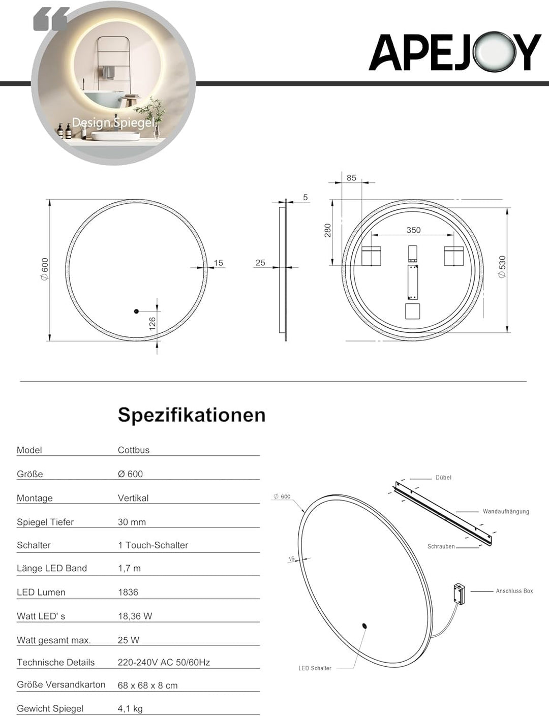 Badspiegel mit Beleuchtung Rund 60cm, Spiegel Runder mit Licht und mit Antibeschlag, Badezimmerspieg