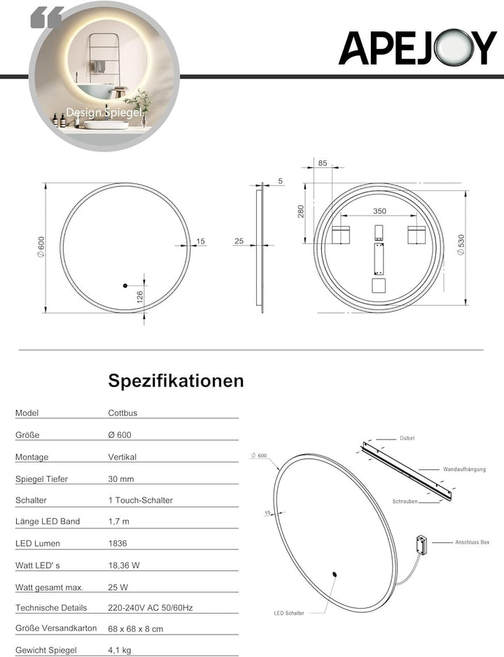 ApeJoy® runder LED Badspiegel ø80cm mit Beleuchtung, Badezimmerspiegel rund mit LED Beleuchtung, LED