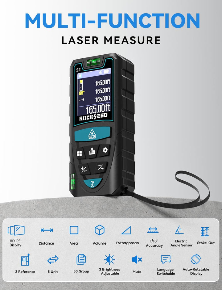 RockSeed Laser-Entfernungsmesser 50m, Drehbarer Farb-Bildschirm,5 Einheiten | 12 Messmodi, Elektroni