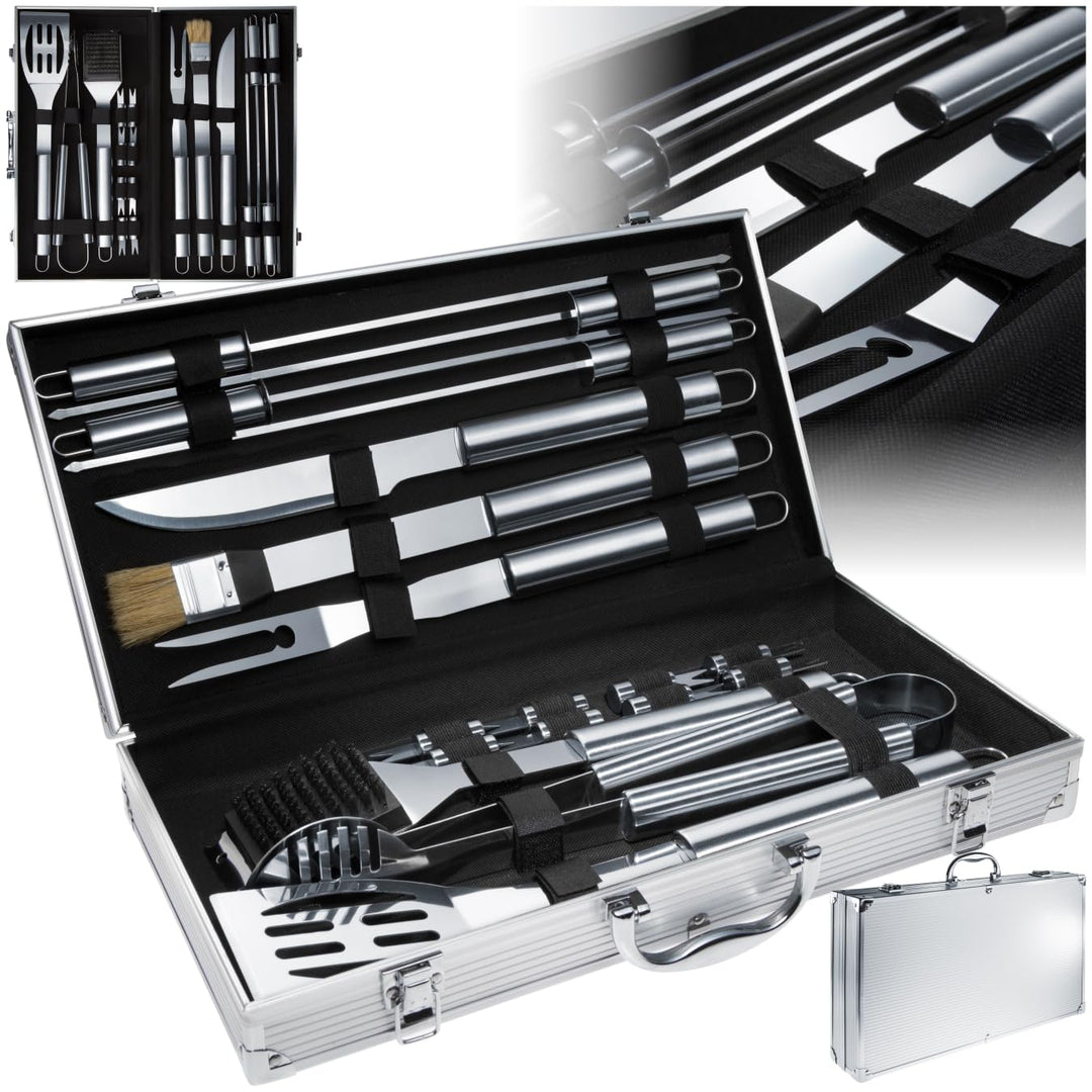 tectake® 18-TLG. Edelstahl Grillbesteck, Grillzubehör für Kugelgrill, Smoker, Kohlegrill, im Garten,