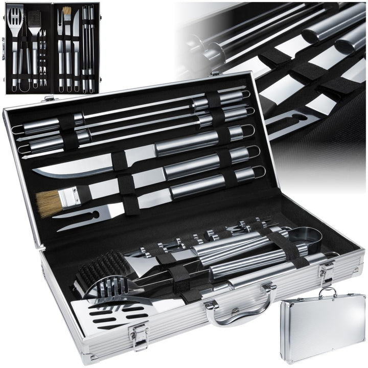 tectake® 18-TLG. Edelstahl Grillbesteck, Grillzubehör für Kugelgrill, Smoker, Kohlegrill, im Garten,