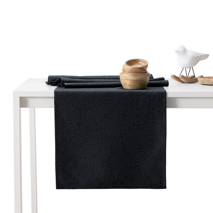 AmeliaHome Tischläufer Set 35x300 cm und 115x300 cm Lotuseffekt Wasserabweisend Blätter Schwarz Gaia