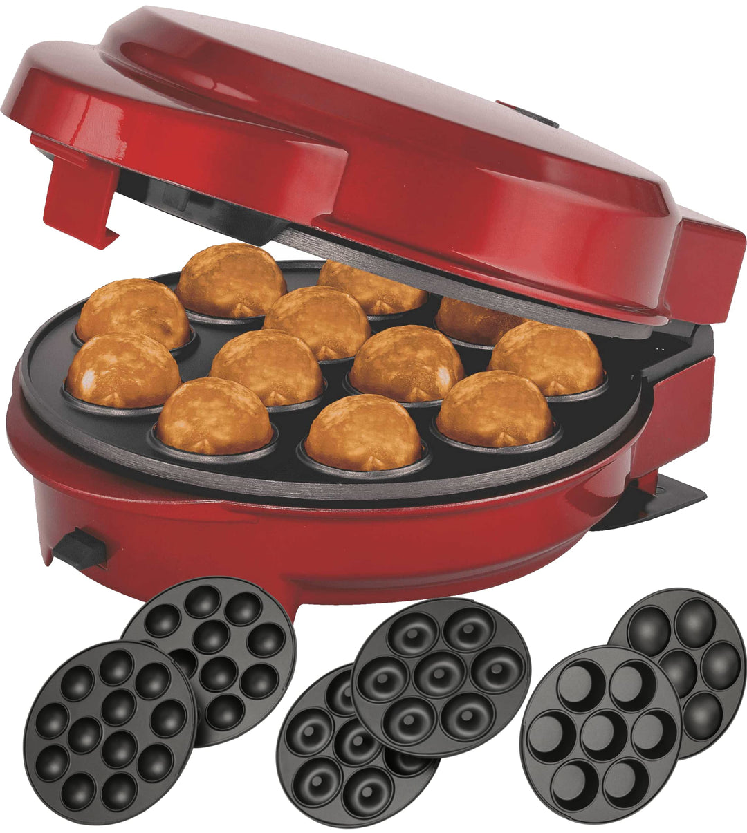 Epig 3-in-1 Cake Maker Donut-, Muffin-,Cup- und Popcake-Maker 3 auswechselbare Backplatten, Rot Meta