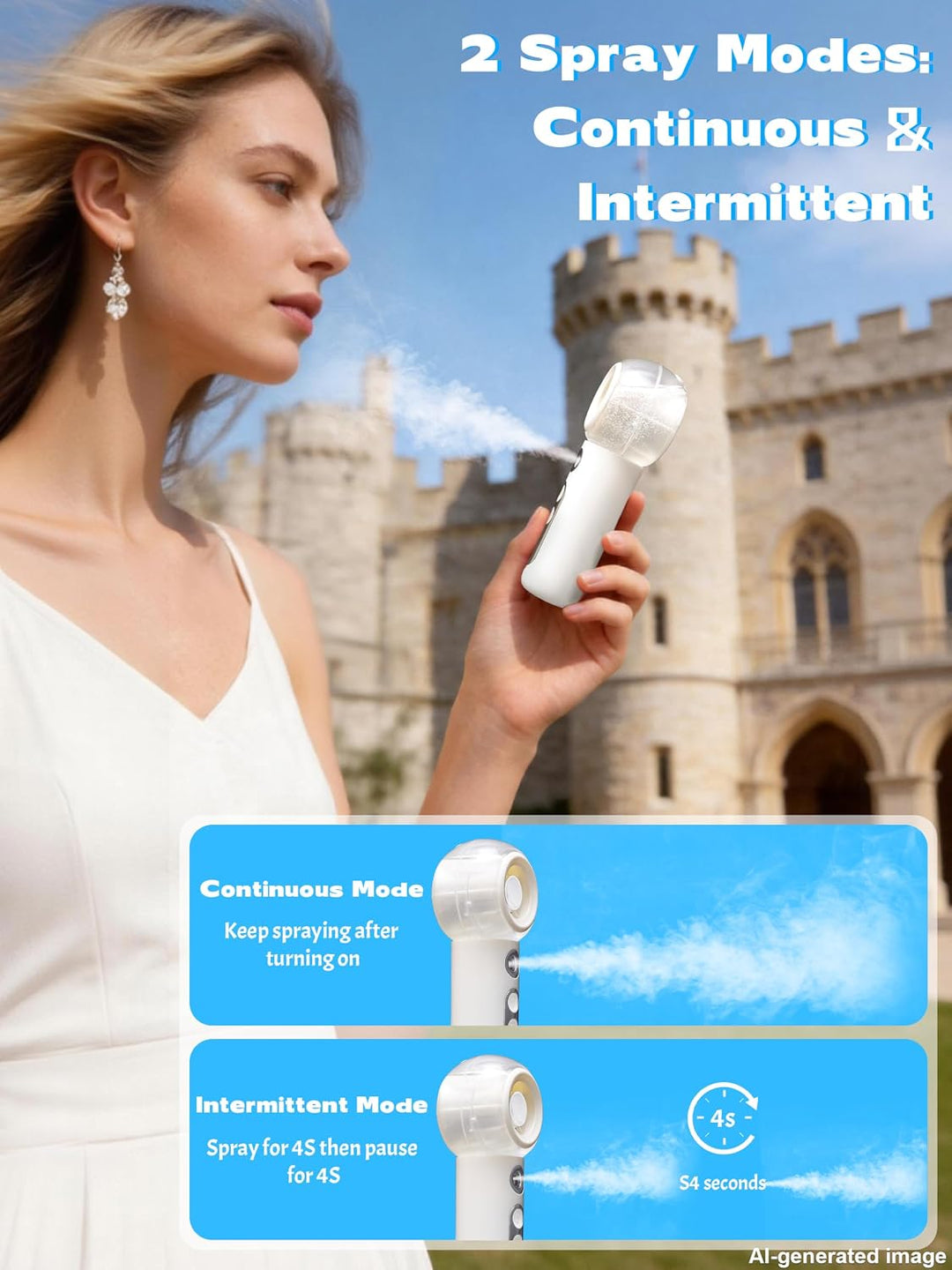 CoolGift Mart Sprühventilator, weiss, tragbar, USB, 4 Stufen. Kühlender Sprühnebel für Sommerreisen,