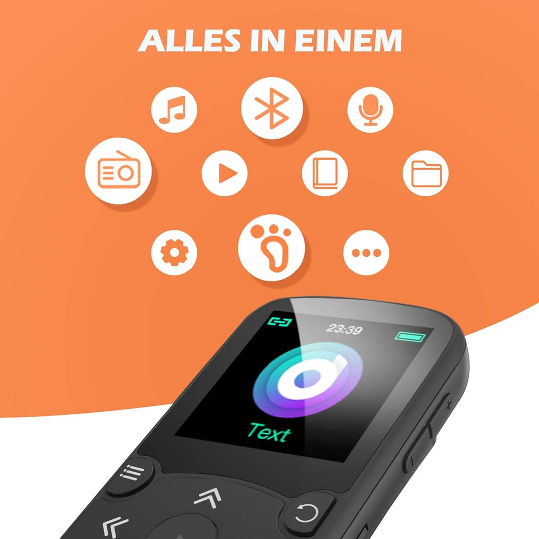 AGPTEK MP3 Player & Schutzhülle Bluetooth 5.3 Sport 64GB mit 1,5 Zoll TFT Farbbildschirm, Mini Musik