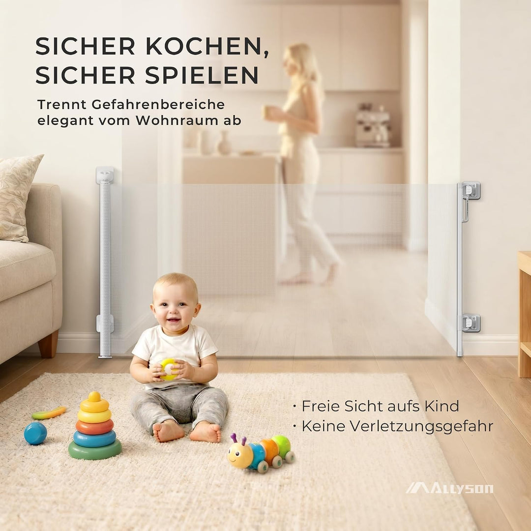 Allyson® Treppen- &amp; Türschutzgitter ausziehbar bis 180 cm, Kinder, Weiss | Einhandbedienung, stolper