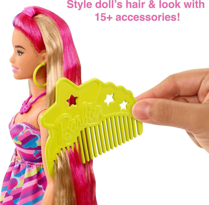 Barbie HCM89 - Totally Hair Puppe (Blond/Bunte Haare) im Blumen Print Kleid mit 15 Zubehör Teilen fü
