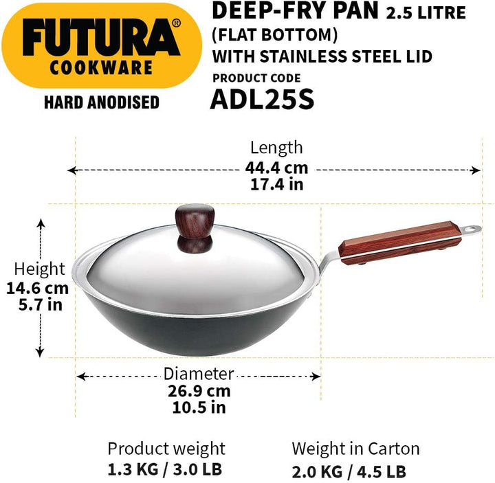 Futura Hard eloxiert deep-fry Pan (Kadhai) mit Stahl Deckel und flacher Boden 2.5L, 2.5L