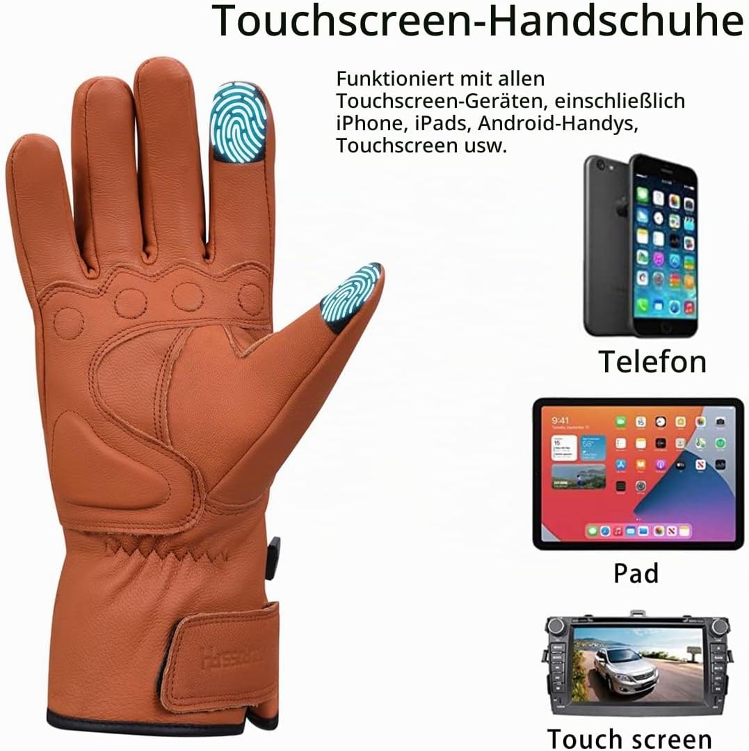 Harssidanzar Herren Winter Motorradhandschuhe,echtes Leder Vollfinger Touchscreen Thermisch gefütter