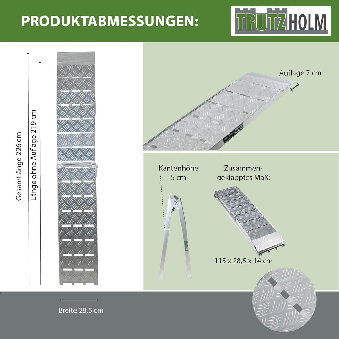 TRUTZHOLM 1 x Auffahrrampe klappbar 226 cm Traglast 680 kg Alu grau Motorradrampe Verladerampe Land
