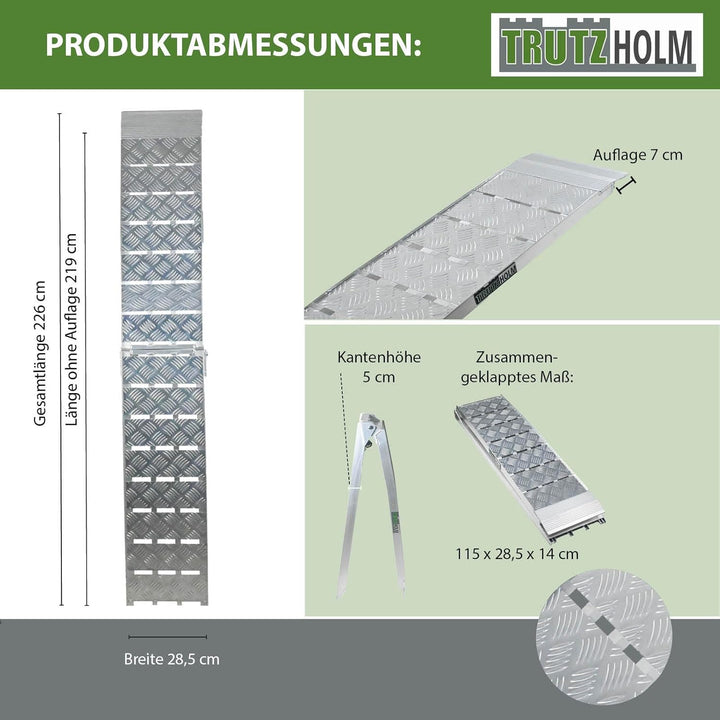 TRUTZHOLM 1 x Auffahrrampe klappbar 226 cm Traglast 680 kg Alu grau Motorradrampe Verladerampe Land