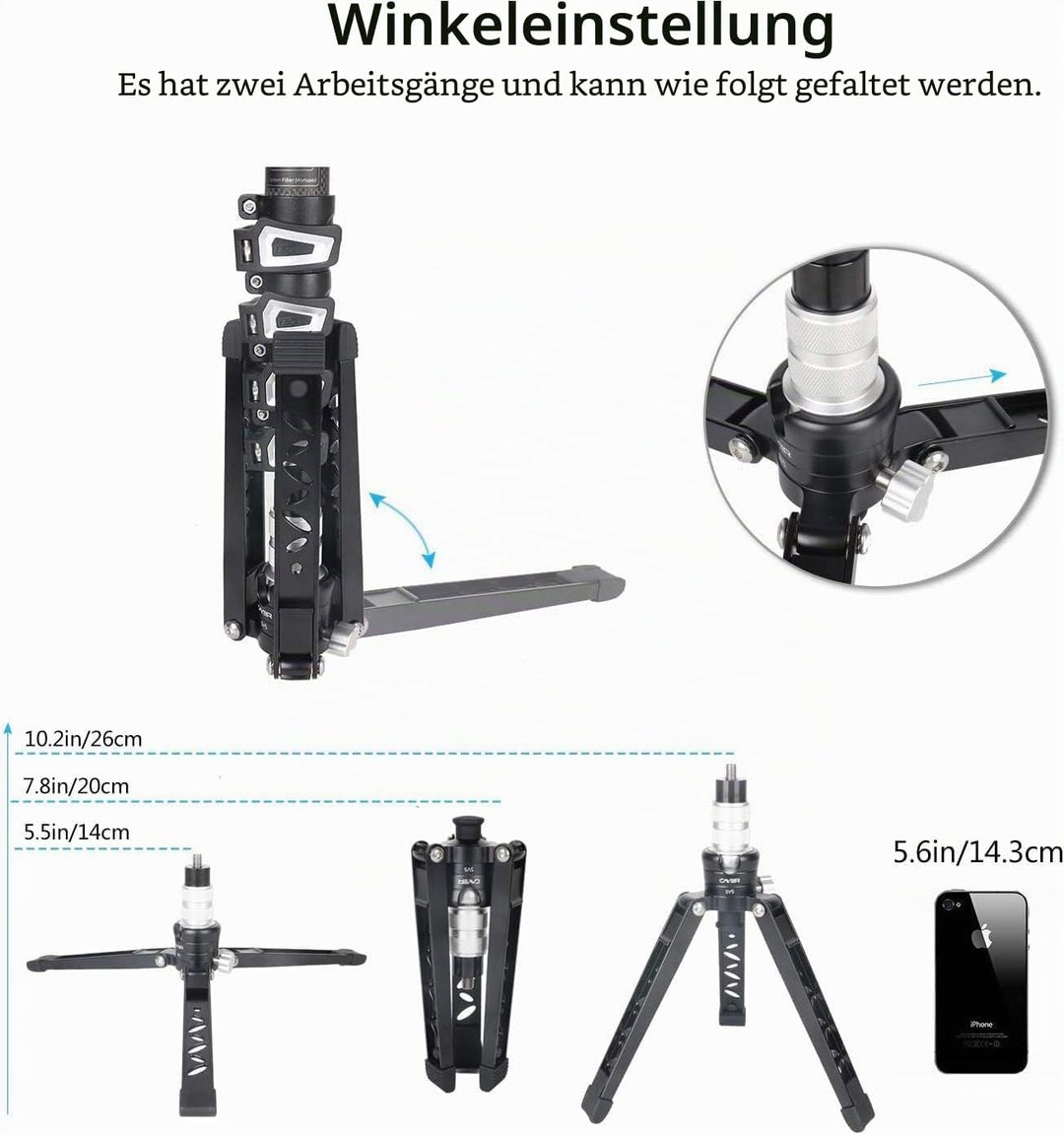 Cayer Tabletop Mini Stativ, 3 Feet SV5 Alumunium Stativ für Einbeinstative mit 3/8 "-16 Befestigungs