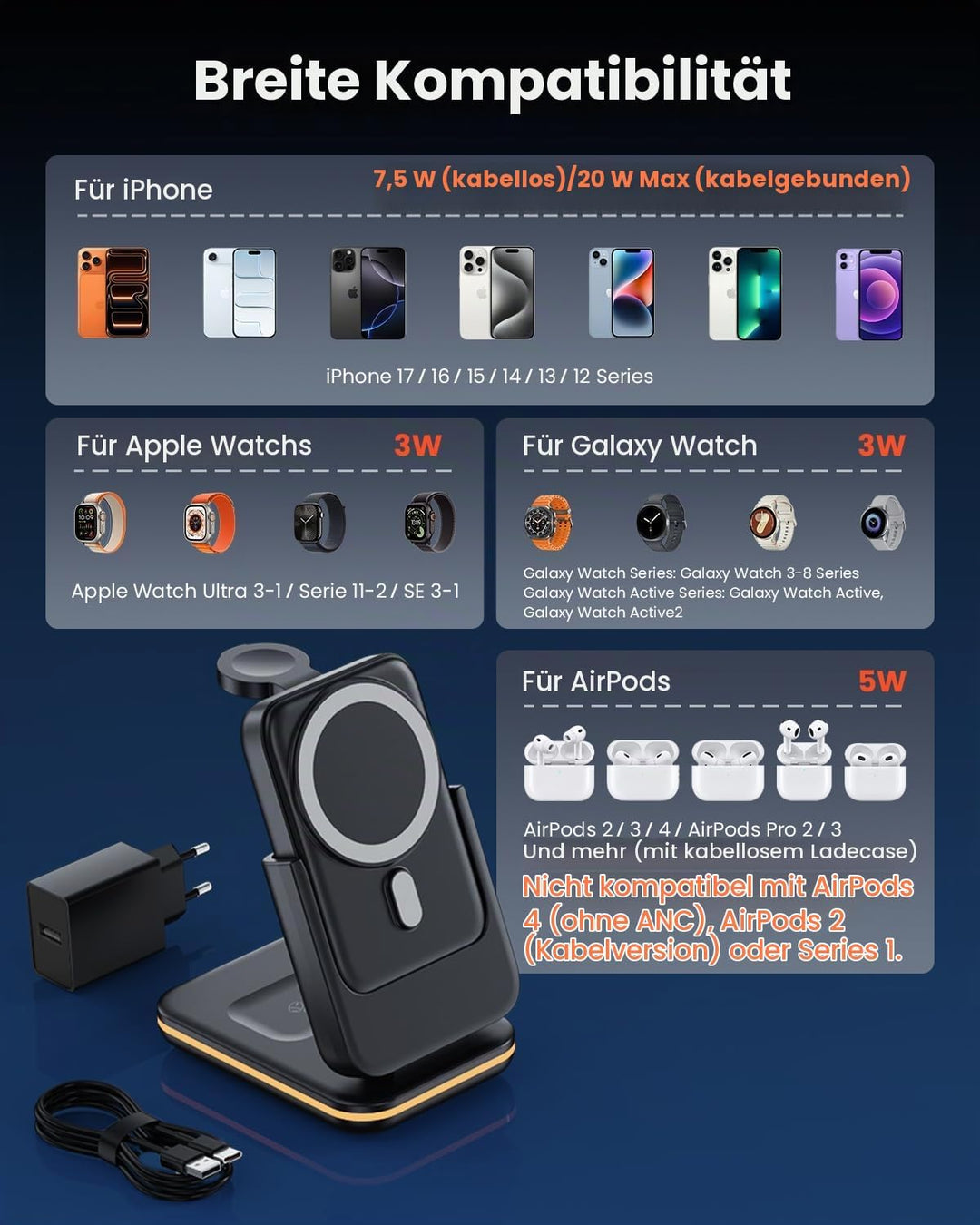 GEEKERA 3-in-1 Faltbare Magnetische Ladestation: 2026 Upgrade herausnehmbare 5000mAh Powerbank, indu