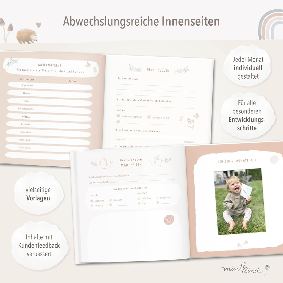mintkind® Babyalbum "Mein erstes Lebensjahr" Wald + Sticker Set | Baby Fotoalbum zum Selbstgestalten