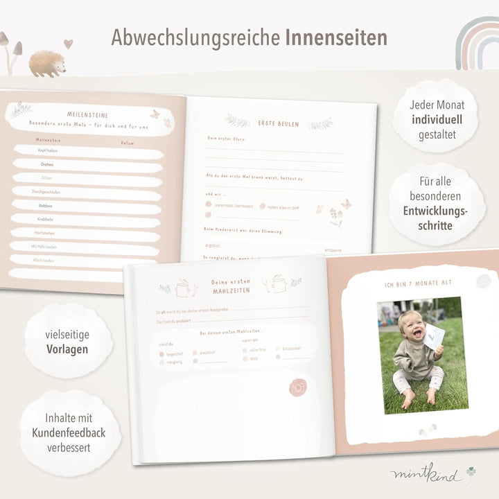 mintkind® Babyalbum "Mein erstes Lebensjahr" Wald + Sticker Set | Baby Fotoalbum zum Selbstgestalten
