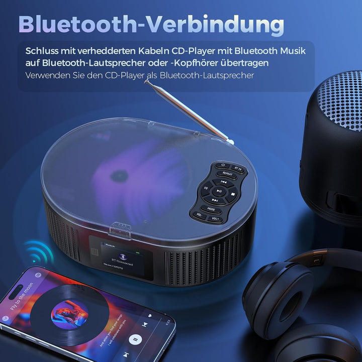 Desobry Tragbarer CD-Player mit Bluetooth, Grossem LCD-Display, Akku, Lautsprecher, AUX, USB, UKW-Ra
