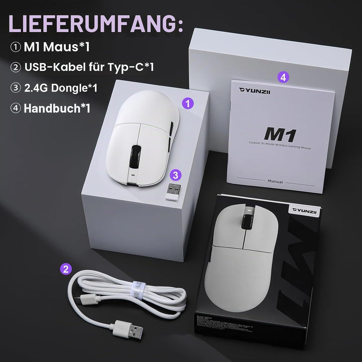 YUNZII M1 Kabellose Gaming-Maus, BT/2.4G Wireless/Wired Ultralight Mouse, PAW3311-Sensor 10000 DPI,
