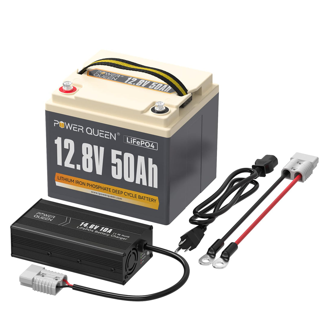 Power Queen 12,8V 50Ah LiFePO4 Akku Lithiumbatterie mit 14.6V 10A LiFePO4 Batterie Ladegerät Konstan