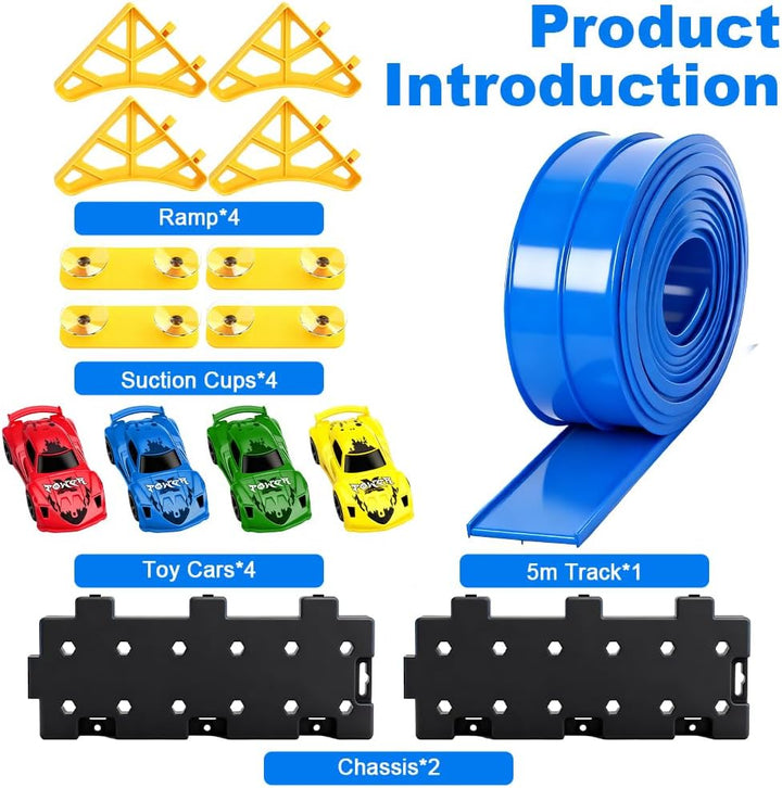 Autorennbahn Spielzeug Auto, 5m Flexible Autobahn Kinder Inklusive 4 Autos, Rennbahn Auto Kinder, Re