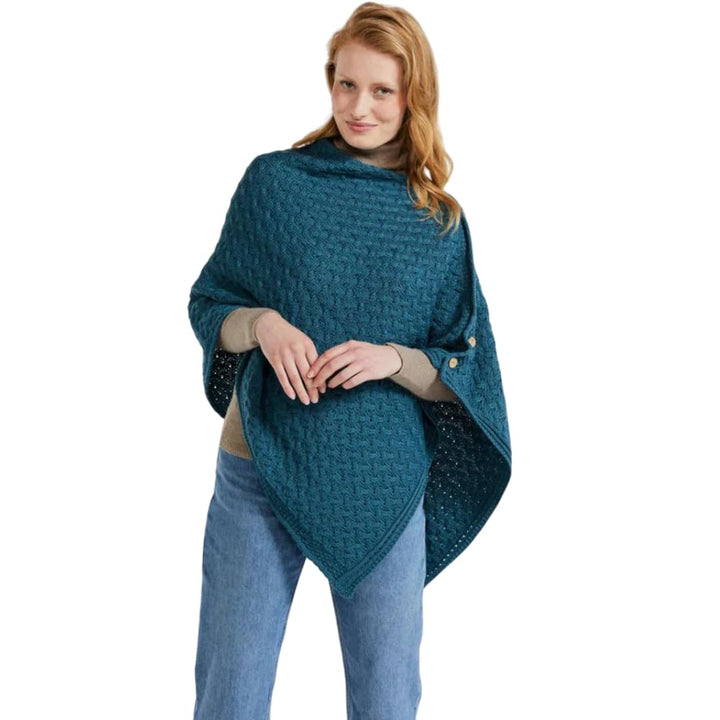Aran Woollen Mills Supersoft Merino Wool Buttoned Irish Cape/Poncho Einheitsgrösse Blau, Einheitsgr&