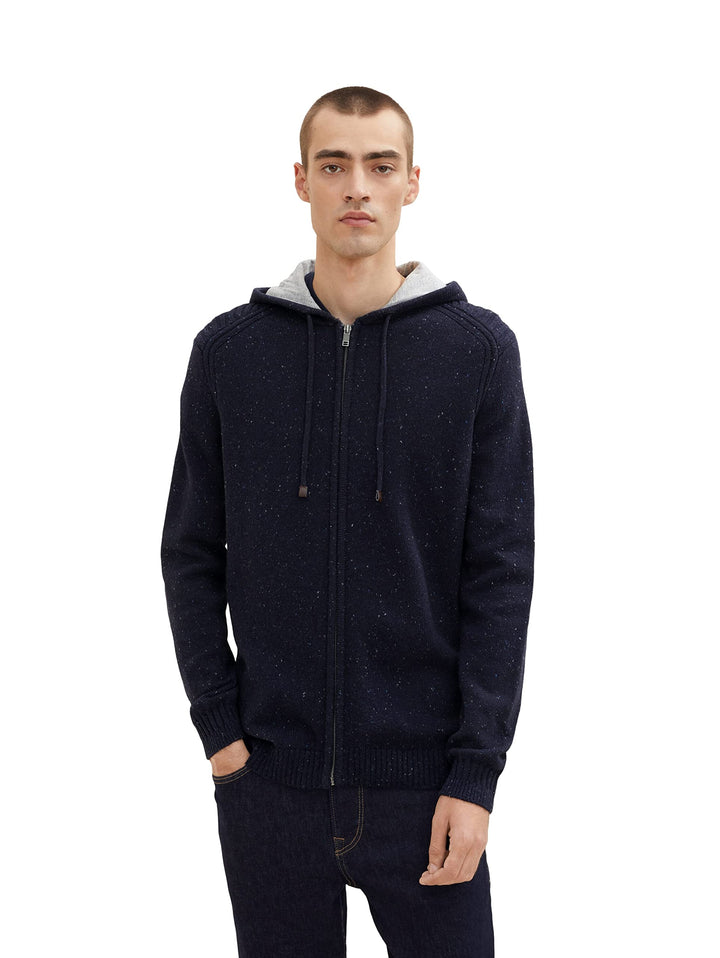 TOM TAILOR Herren Strickjacke mit Kapuze S 30659 - Navy Melange Knitted Neps, S 30659 - Navy Melange