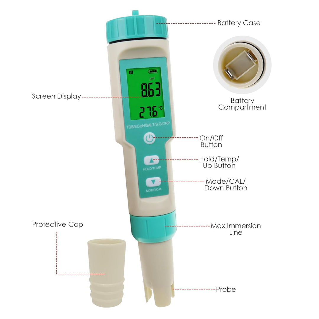 DANOPLUS 7-in-1-Wasserqualitätstester, multifunktionaler pH-, TDS-, EC-, ORP-, Salzgehalt-, SG-Tempe