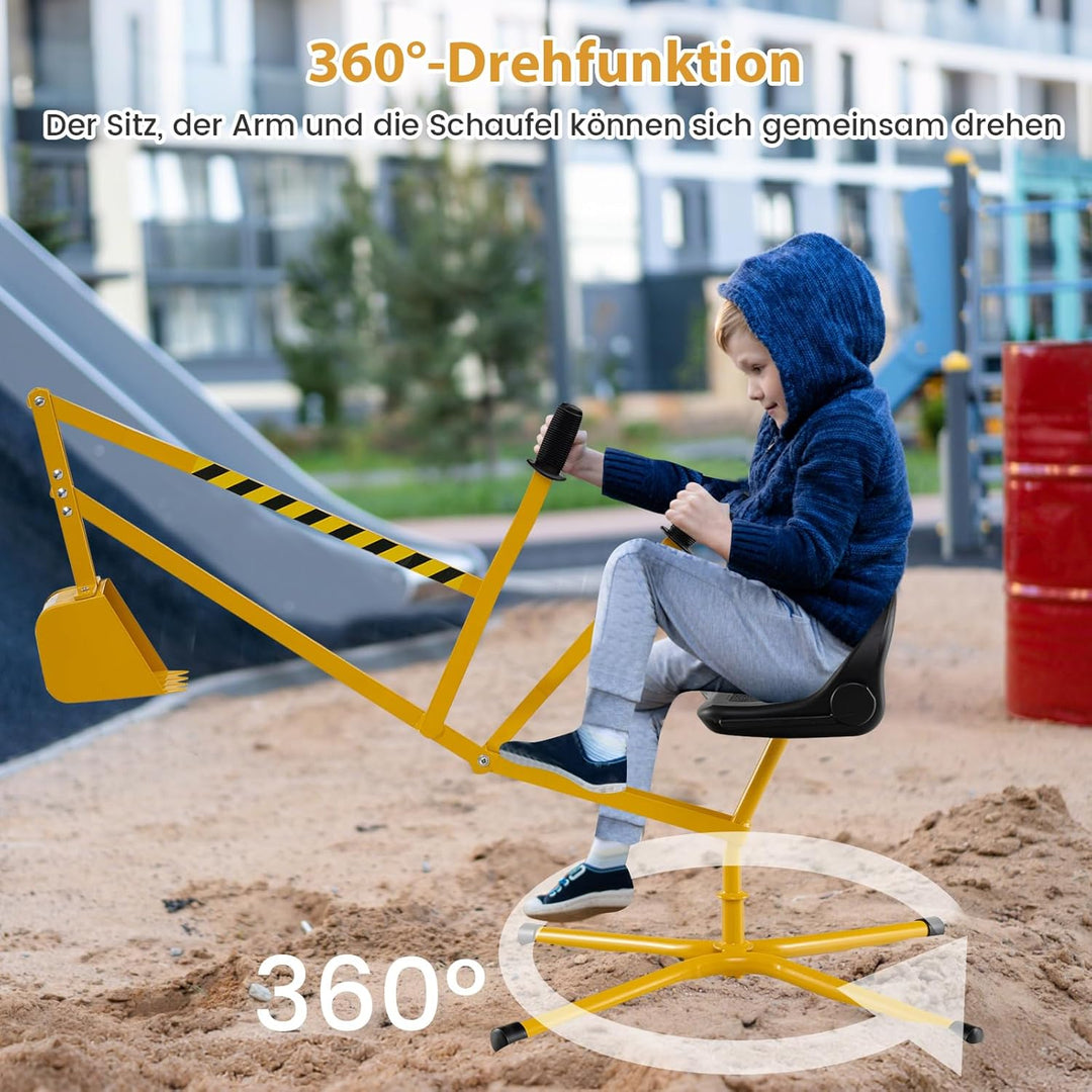 COSTWAY Sitzbagger 360° drehbar, Bagger zum Draufsitzen Metall mit Schaufel & 2-Hand Steuerung, Sand