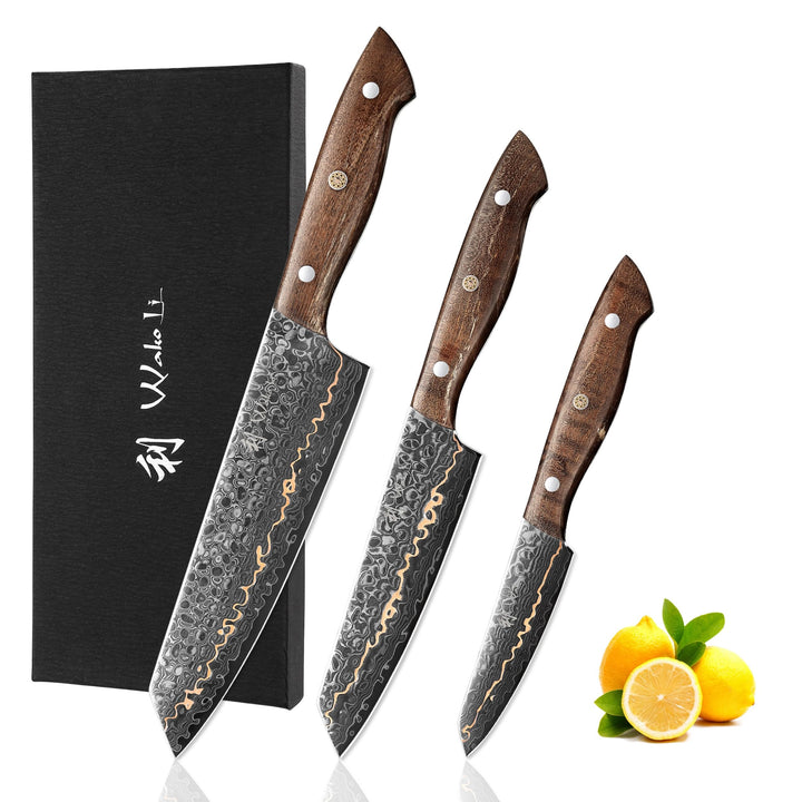 Wakoli Kawa 3er Damastmesser Set aus 67 Lagen Damaststahl mit VG-10 Kern, Kupfereinlage und Ahornwur
