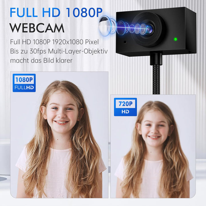 Webcam 1080P mit Mikrofon und Sichtschutzklappe – USB Webcam für PC, Laptop & Zoom, Augenkontakt-Kam