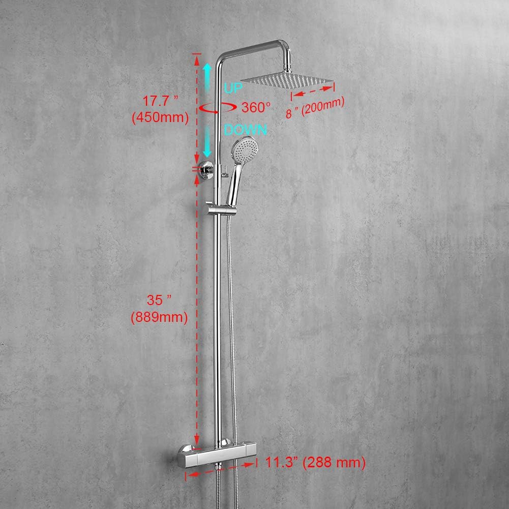Ibergrif - Eckig Duschsystem mit Thermostat, Regendusche, Brauseschlauch, Handbrause, Brausehalter,