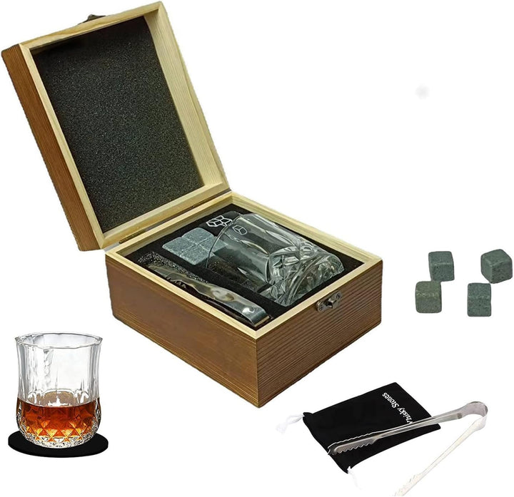 Holzsammlung Whisky Gläser Geschenkset, Whisky Steine Set mit 1 Whiskygläser 200ml & 4 Whisky Steine