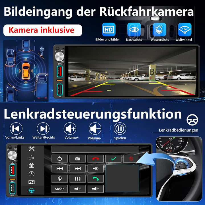 6,9 Zoll 1 Din Autoradio mit drahtlosem CarPlay &amp; Android Auto, Bluetooth, Full-Touch-Autoradio-Disp