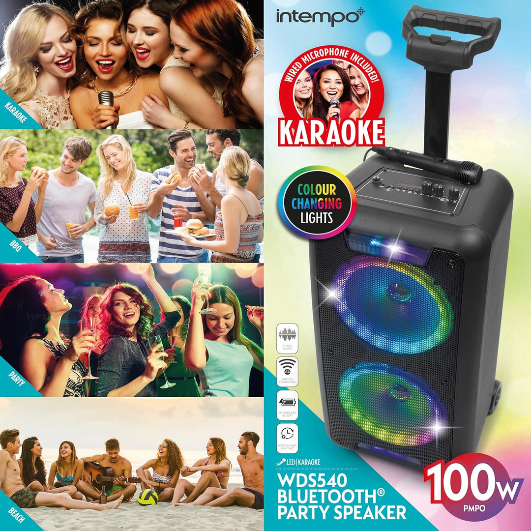 Intempo EE6745BLKSTKEU7 Karaoke-Lautsprecher mit kabelgebundenem Mikrofon, Bluetooth Partylautsprech