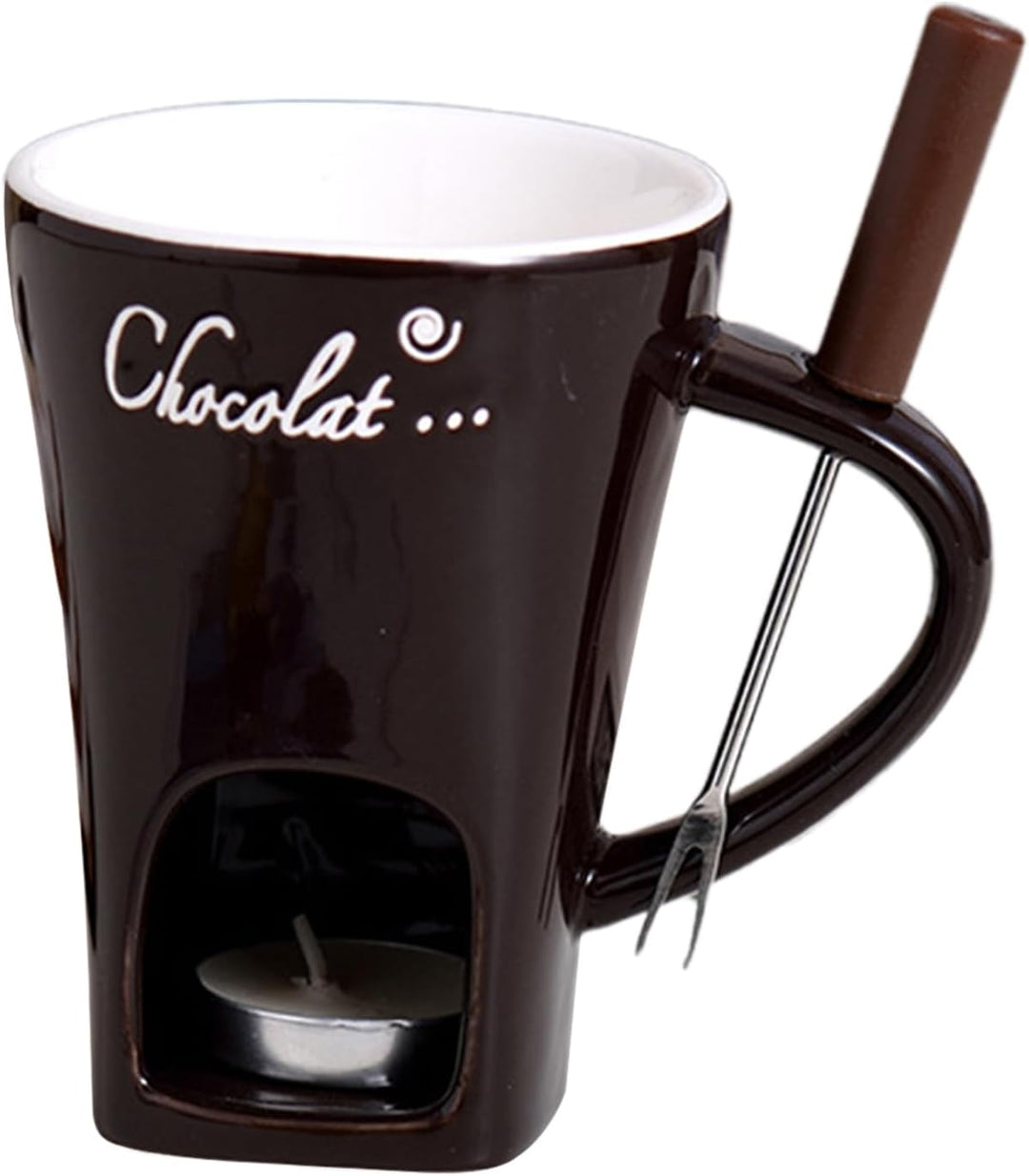 Schokoladen-Fonduetasse mit Gabeln, 130 ml, Schokoladenschmelzbecher, Keramik-Butterwärmer, Set, per