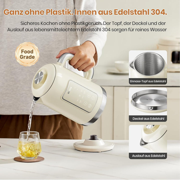 OLEGA Wasserkocher: 1800 W Wasserkocher mit Temperaturregelung, 1,5 l Fassungsvermögen, Edelstahl, S
