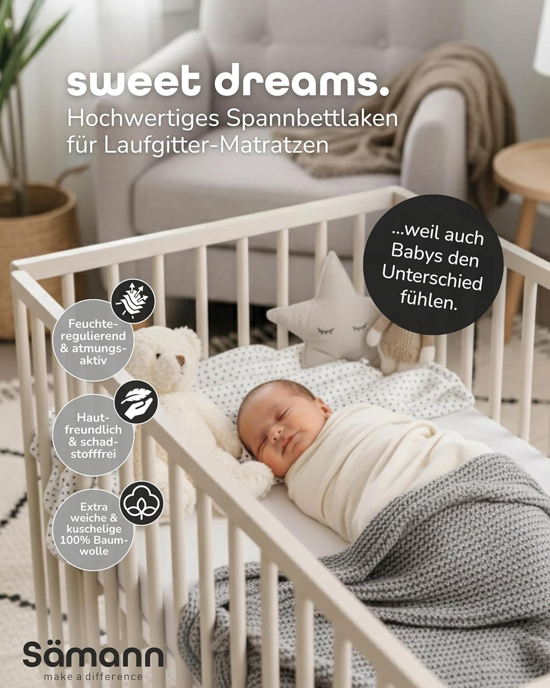 Sämann Jersey Spannbettlaken Spannbetttuch für Laufgitter 75x100 cm, Baumwolle Natur 75x100 cm Natur