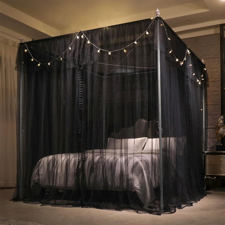 VETHIN 4 Ecken Pfosten Rüschen Prinzessin Bett Baldachin Vorhang, doppellagig, gemütlich, schwarz, 1