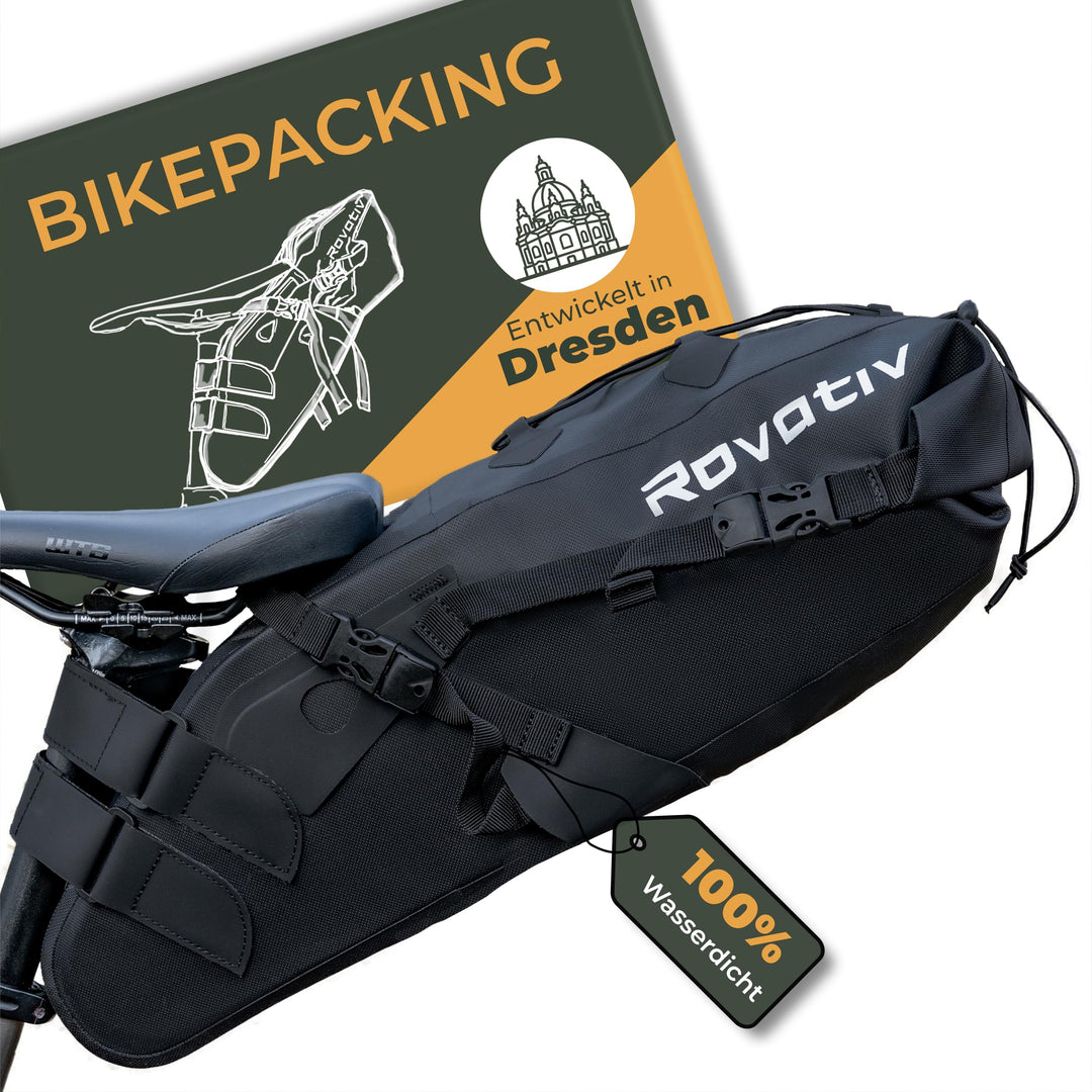 Rovativ® - Bikepacking Satteltasche [10 Liter] 100% Wasserdicht - super Fester Halt - Fahrrad Sattel