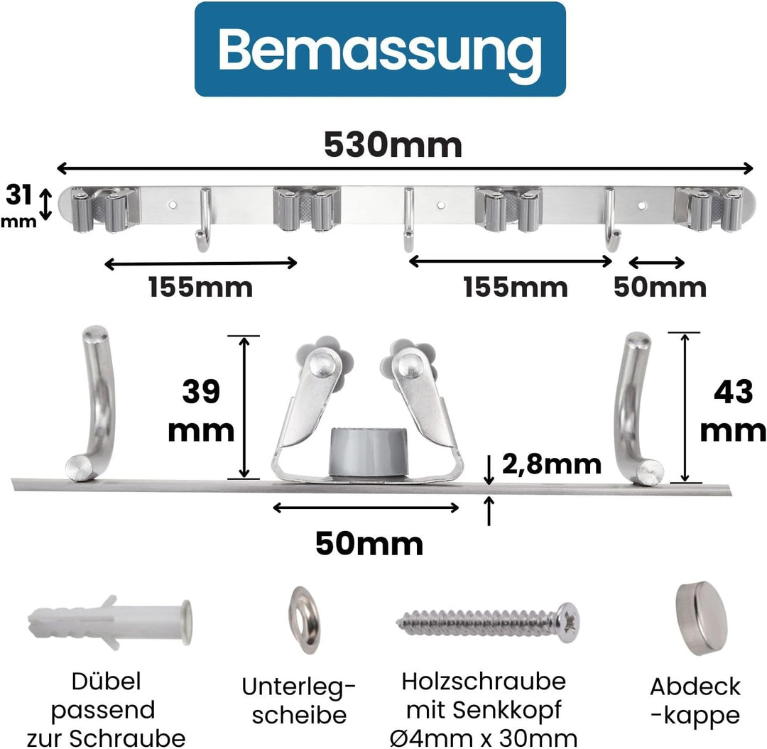 Stahlia Besenhalterung Wand Edelstahl Gerätehalter 3 Haken + 4 Halter gebürstet schraubbar & selbstk