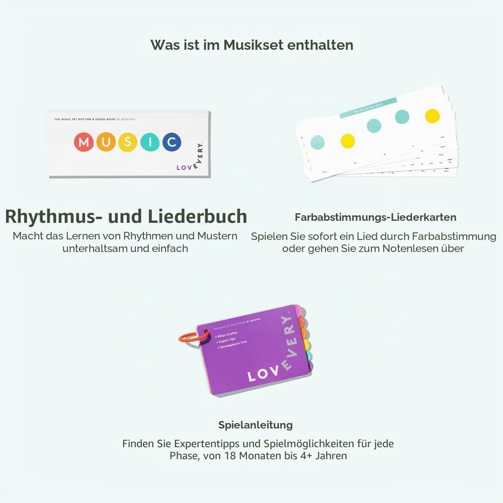 Lovevery The Music Set, Mehrfarbig/Meereswellen (Ocean Tides), Medium, 6 Musikinstrumente, Buch mit